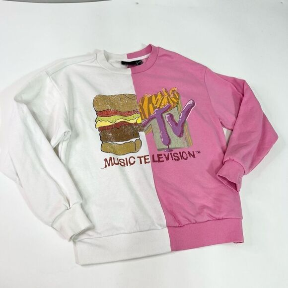 MTV Sweatshirt Womens Small Pink & White Colorblock Graphic Oversized Pullover - Picture 1 of 8